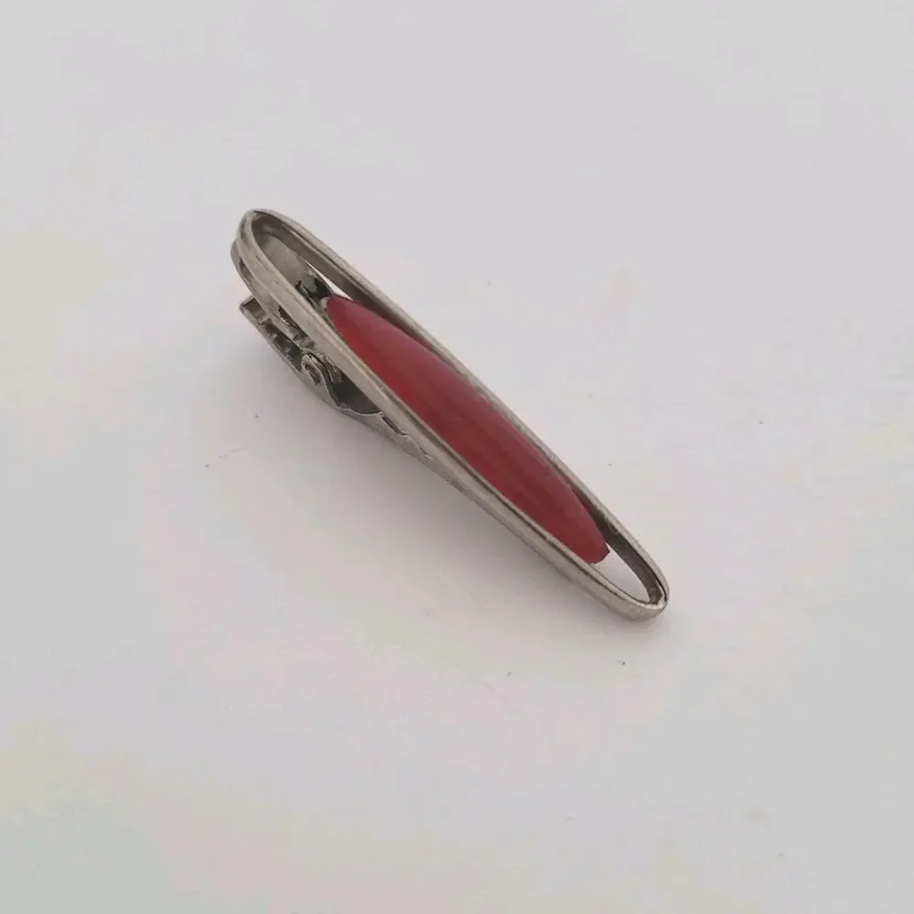 Cabochon Carnelian Agate Red Silver Bar Clip Tac Clasp Retro Vintage Small Short
